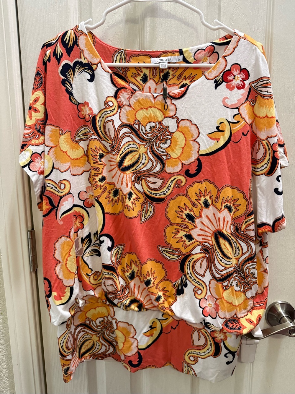 Chico's Coral & Yellow Floral Dolman Sleeve Top size 3